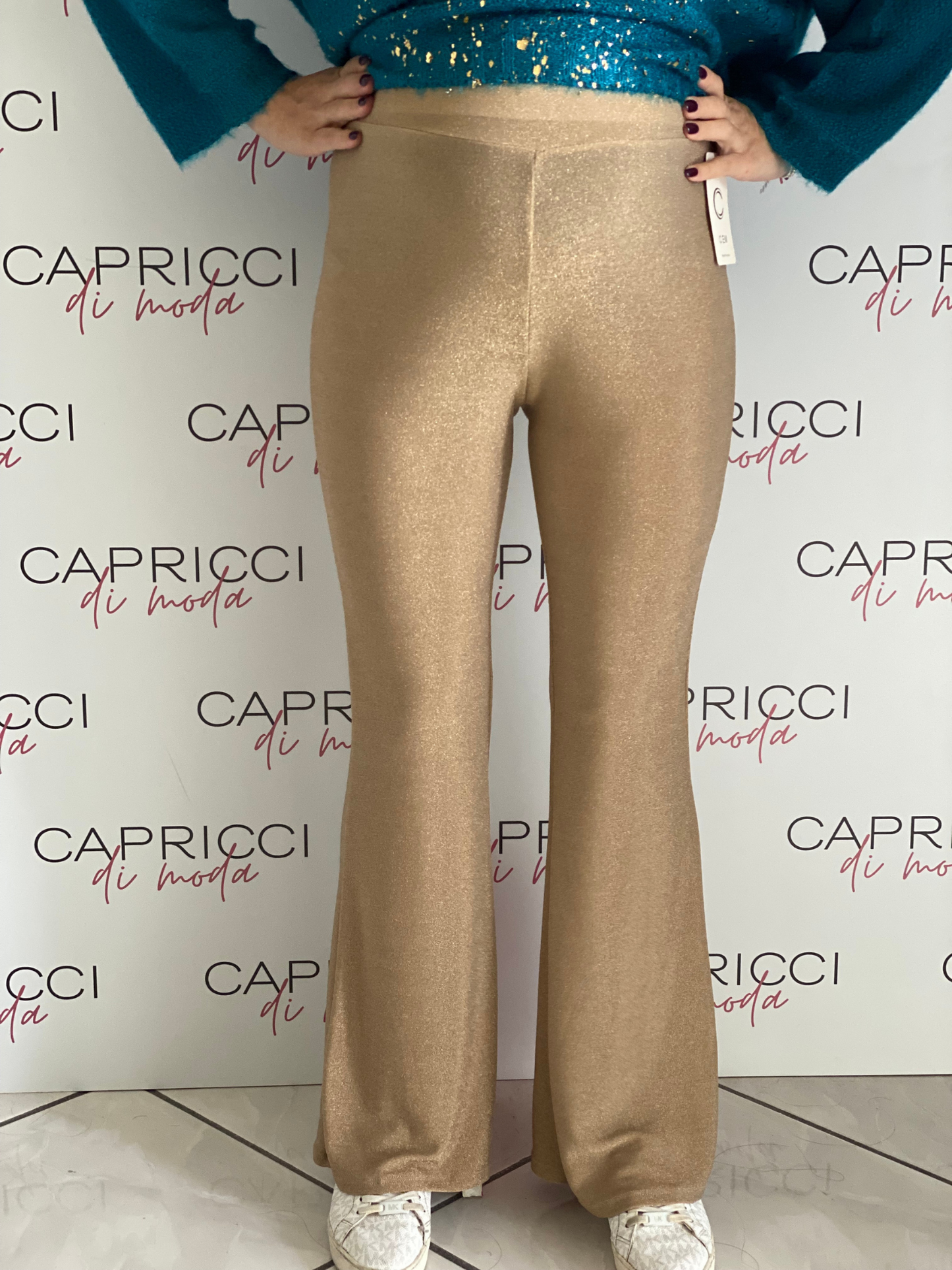 Pantalone a zampa elasticizzato in lurex