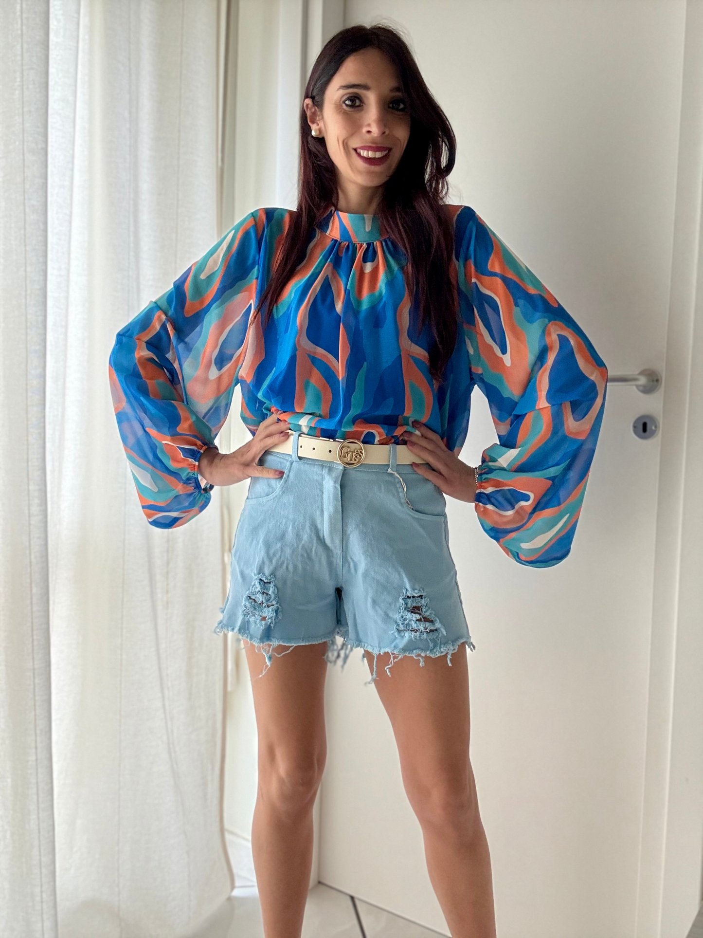 Camicia Manica Lunga Fantasia con Pistagnina e Elastico sul Fondo -