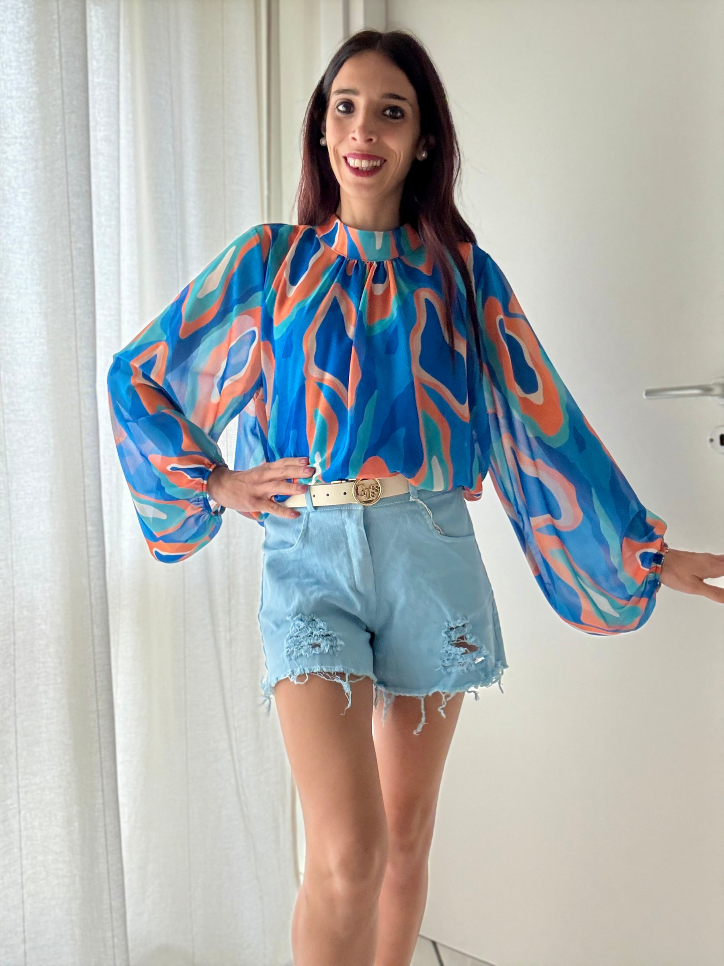 Camicia Manica Lunga Fantasia con Pistagnina e Elastico sul Fondo -