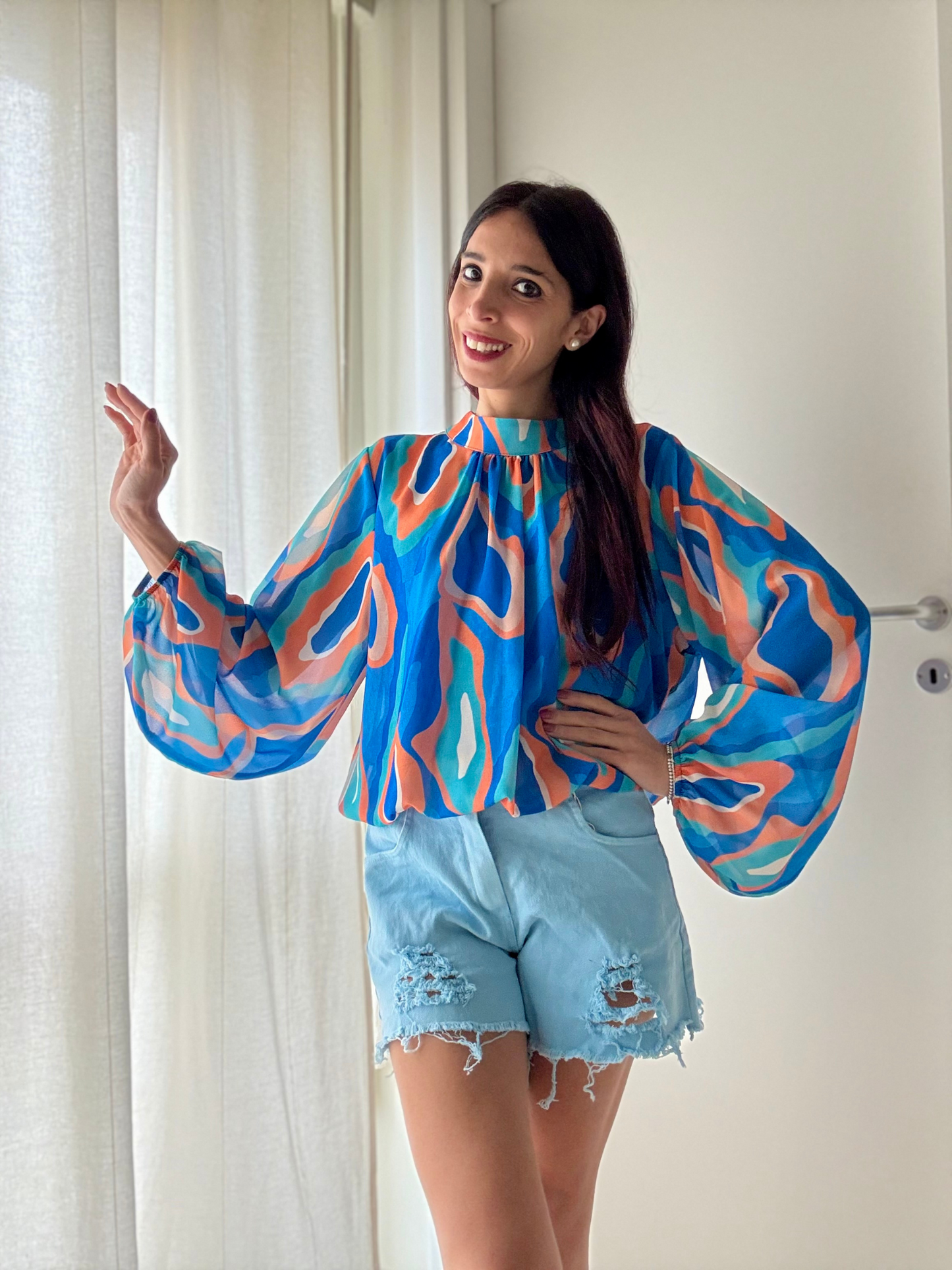 Camicia Manica Lunga Fantasia con Pistagnina e Elastico sul Fondo -