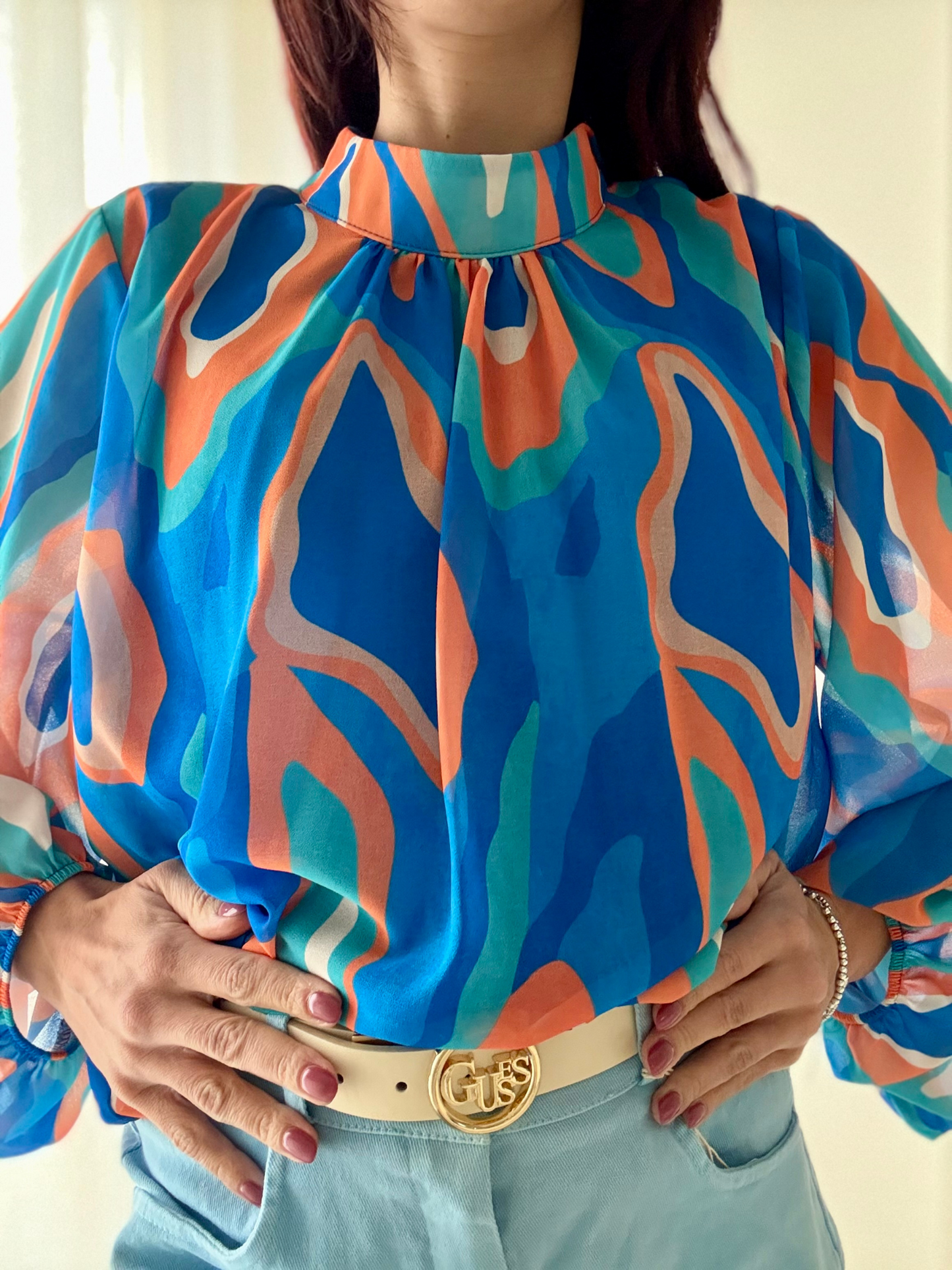 Camicia Manica Lunga Fantasia con Pistagnina e Elastico sul Fondo -