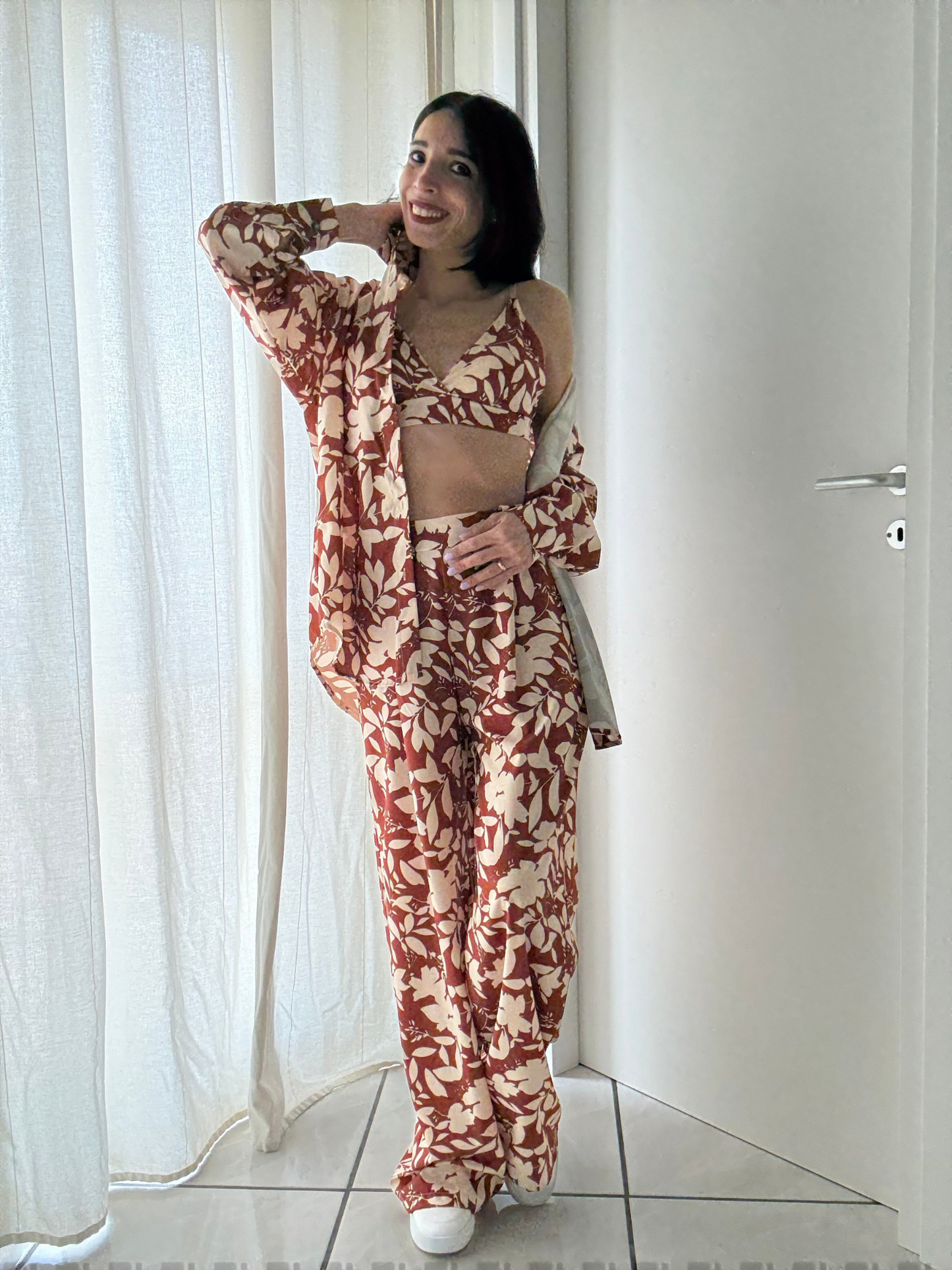 Coordinato 3 Pezzi Floreale - Top, Camicia e Pantalone con Elastico