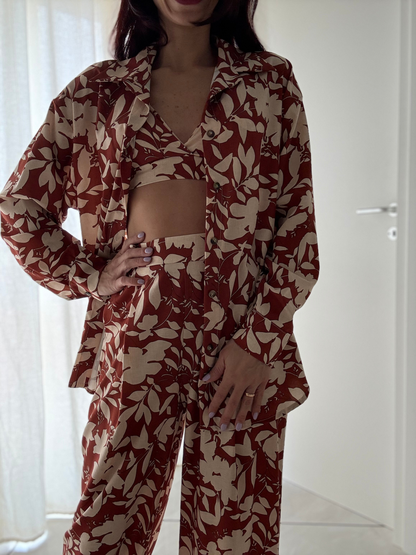 Coordinato 3 Pezzi Floreale - Top, Camicia e Pantalone con Elastico