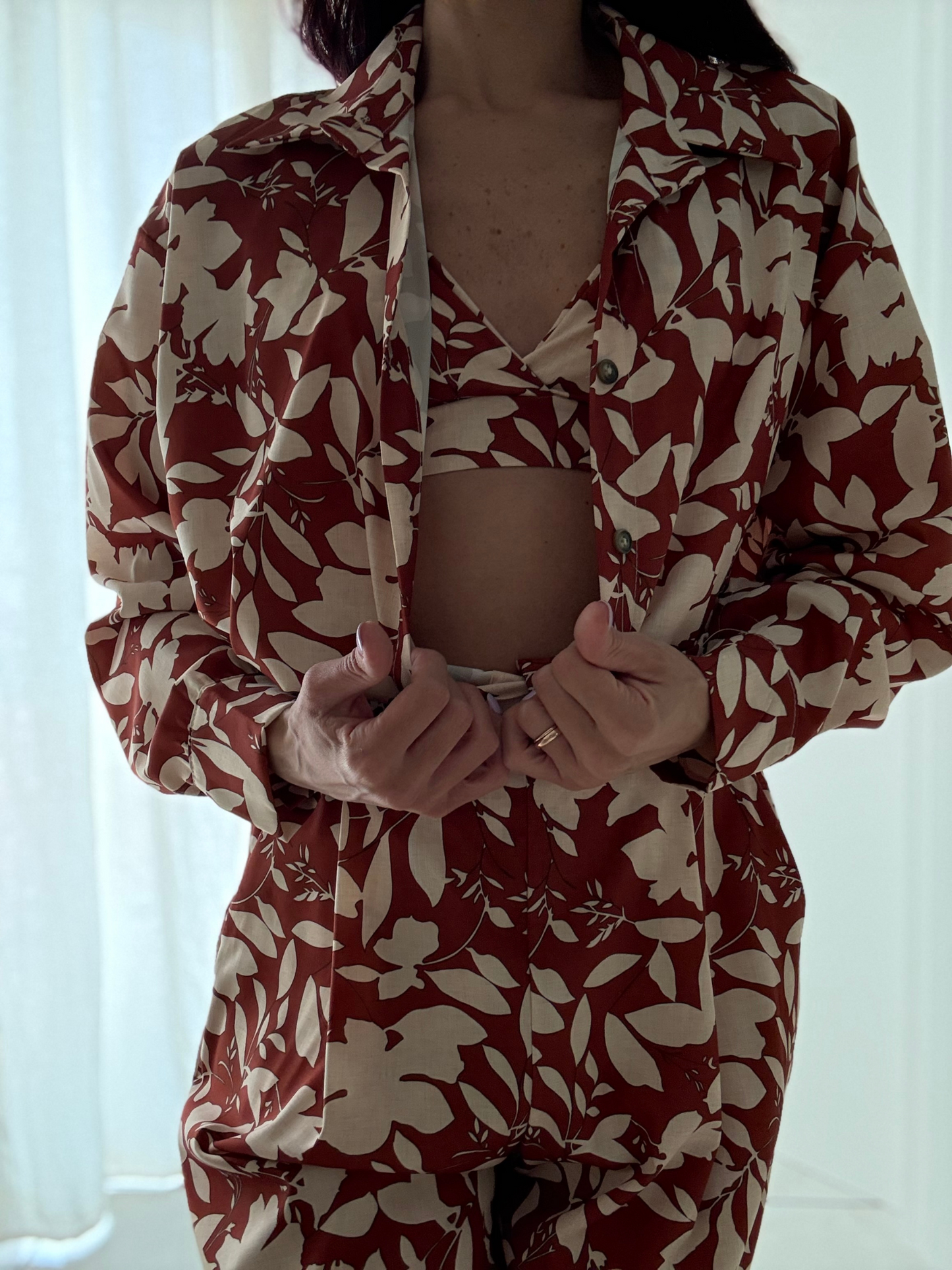 Coordinato 3 Pezzi Floreale - Top, Camicia e Pantalone con Elastico