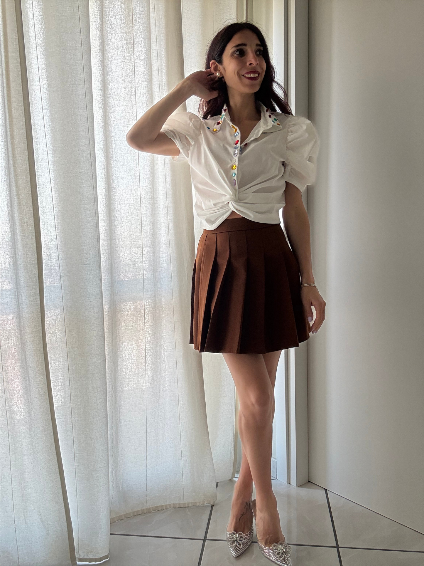 Gonna Corta Plissettata con Zip sul Retro