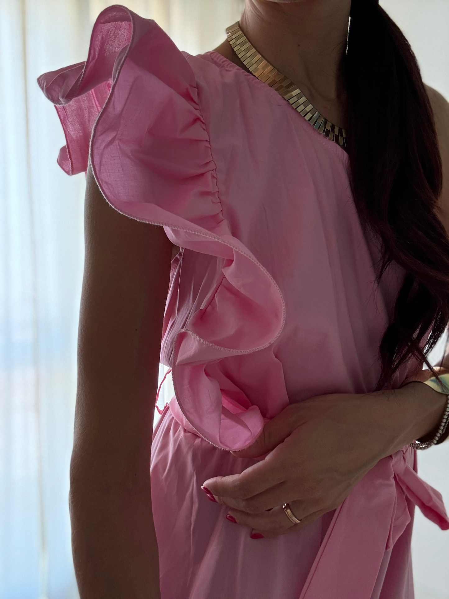 Abito Lungo Monospalla con Rouge e Fusciacca – Taglia Unica XS-XL | Eleganza Versatile in Cotone Stretch