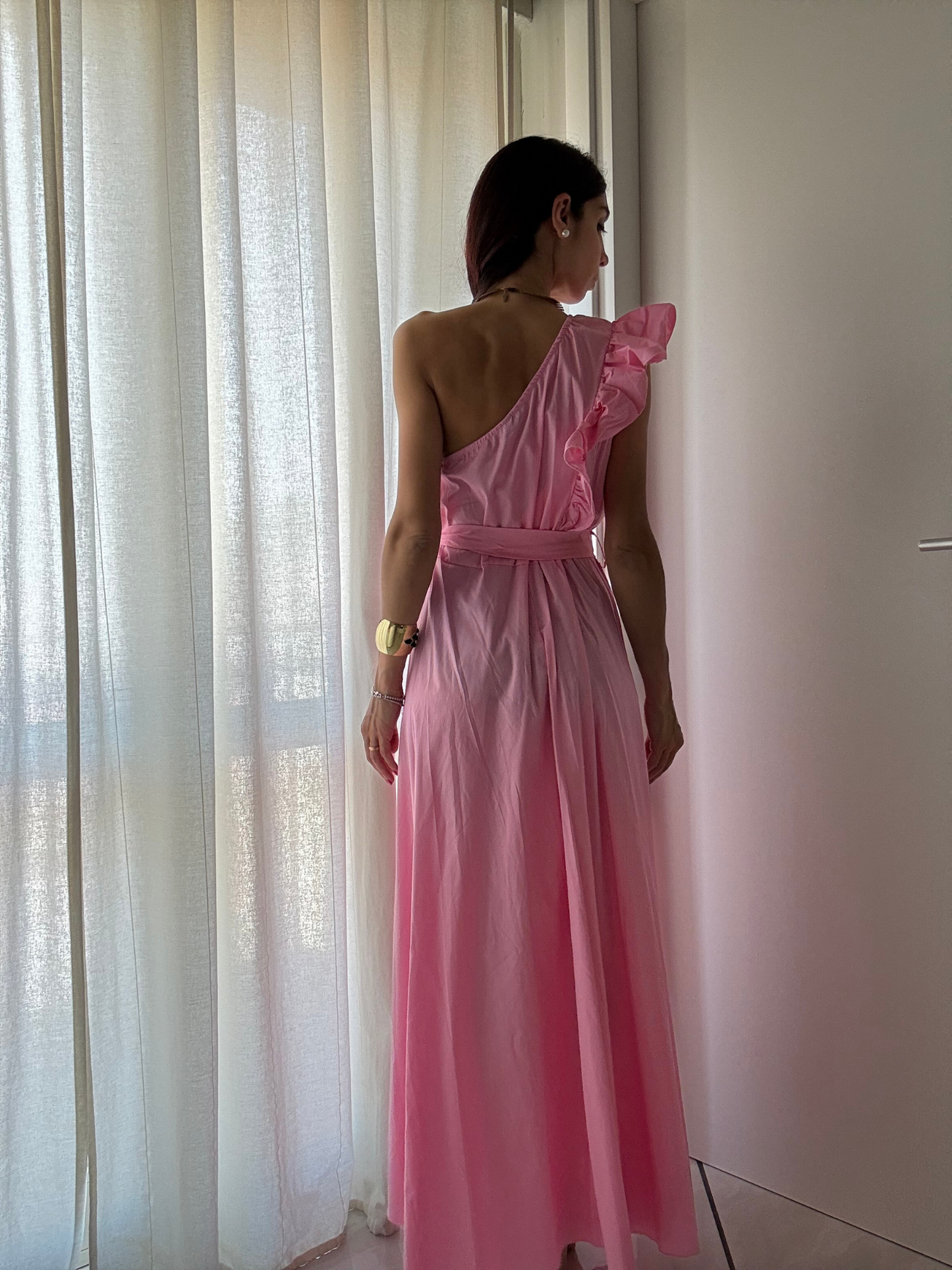 Abito Lungo Monospalla con Rouge e Fusciacca – Taglia Unica XS-XL | Eleganza Versatile in Cotone Stretch