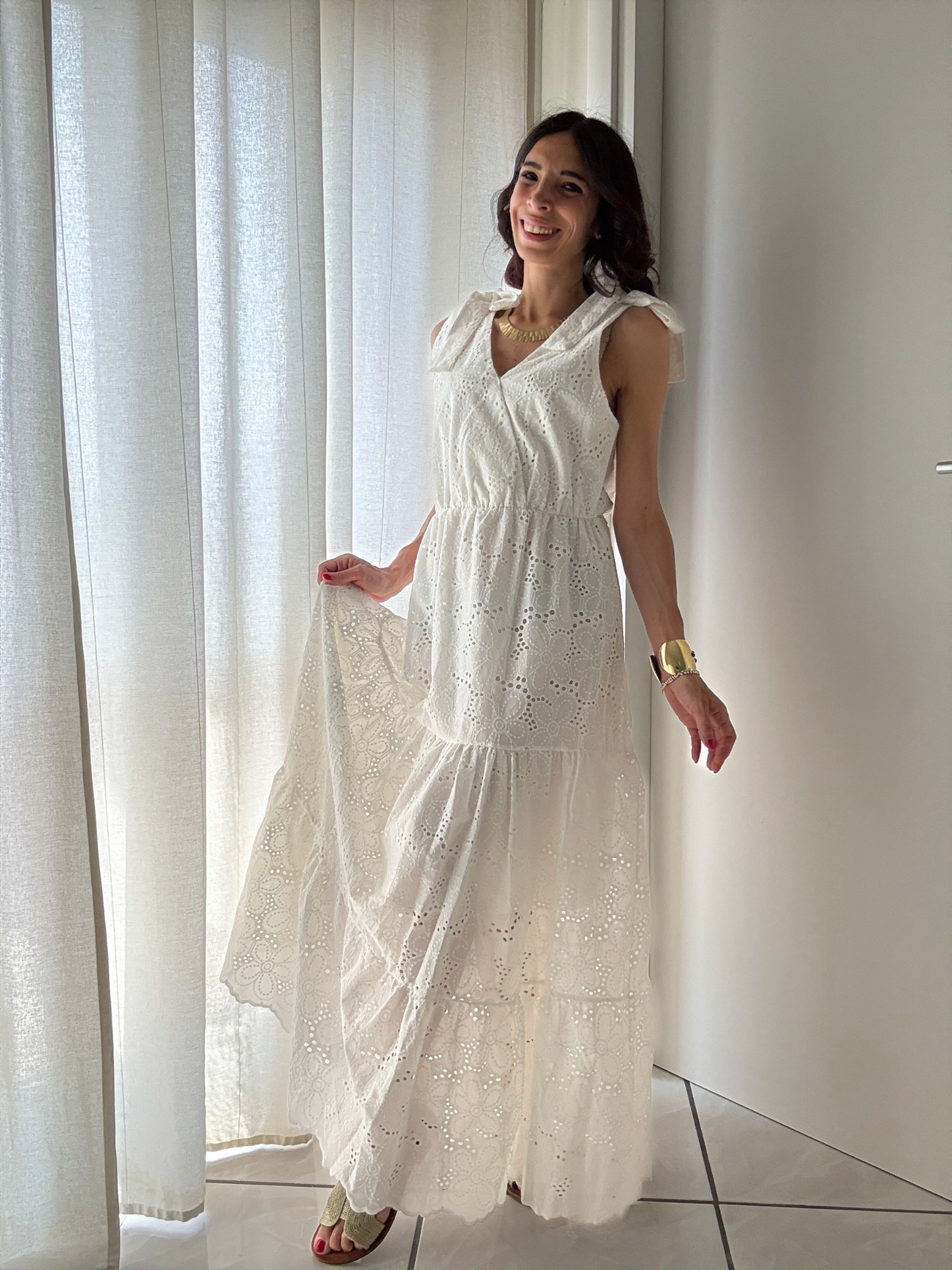 Abito Lungo Moda Mare Positano in Pizzo Sangallo β 100% Cotone β Taglia Unica (XS-XL)