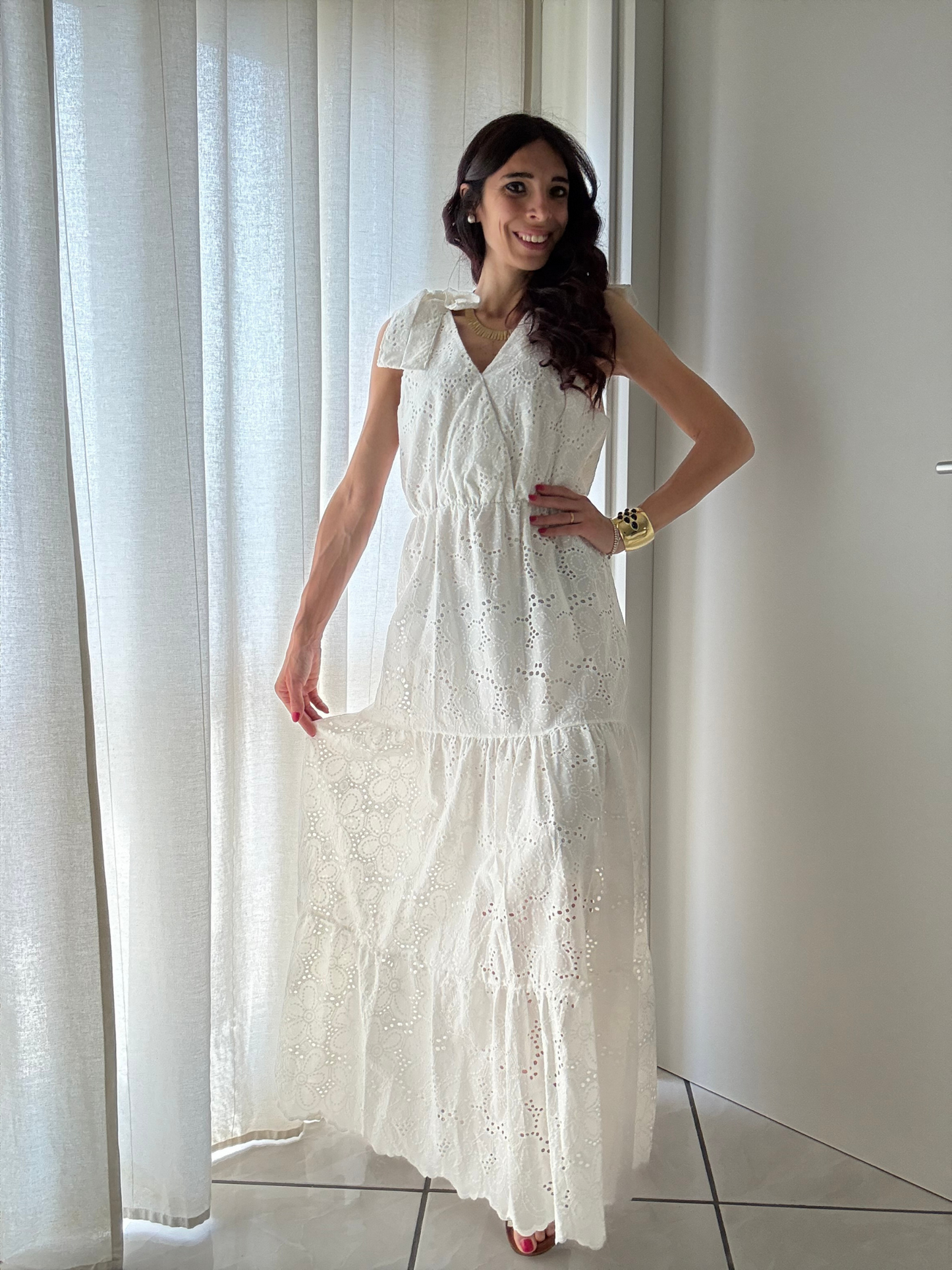 Abito Lungo Moda Mare Positano in Pizzo Sangallo β 100% Cotone β Taglia Unica (XS-XL)