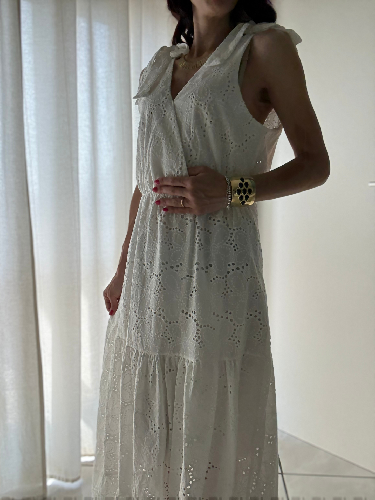 Abito Lungo Moda Mare Positano in Pizzo Sangallo β 100% Cotone β Taglia Unica (XS-XL)