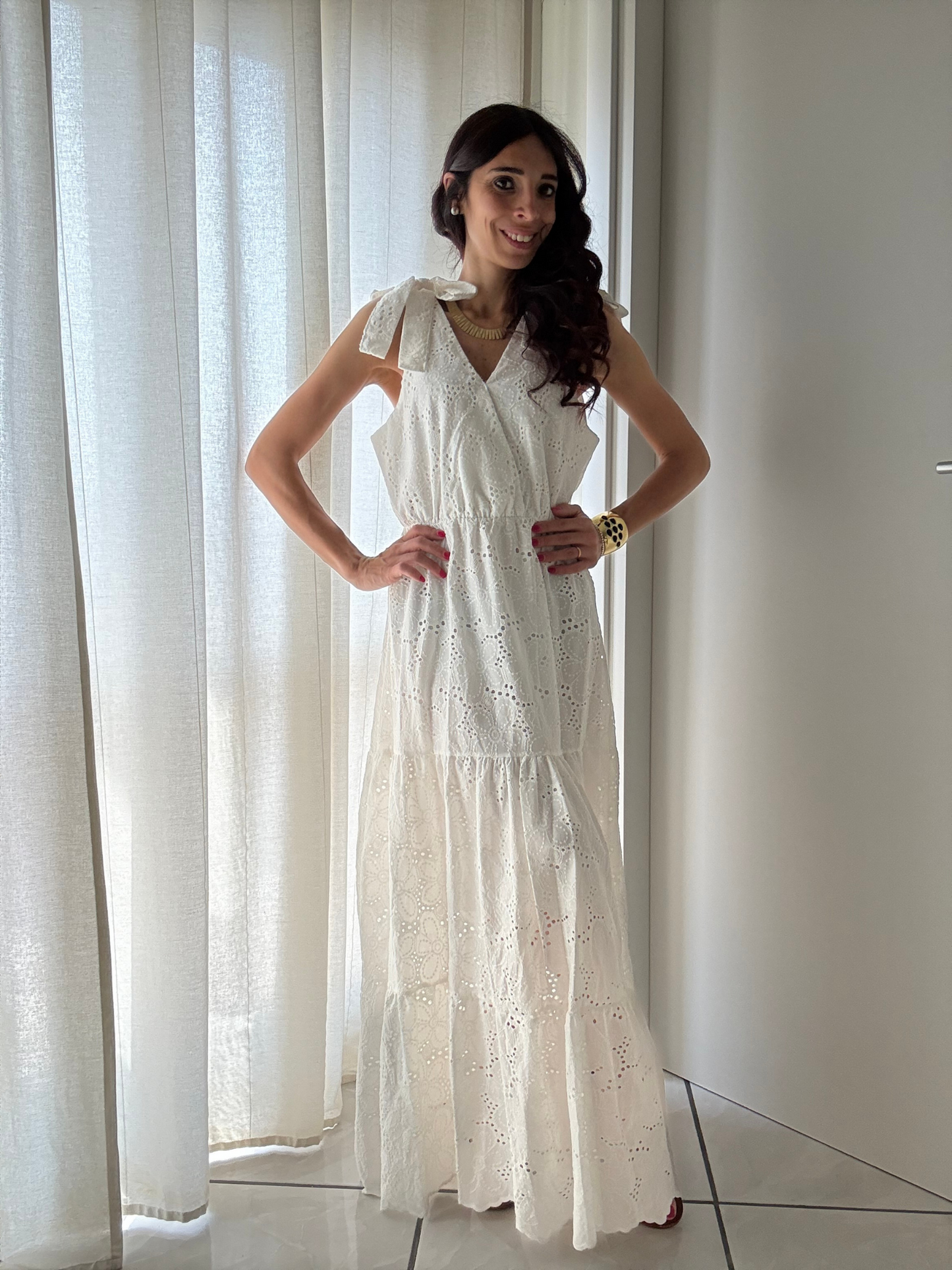 Abito Lungo Moda Mare Positano in Pizzo Sangallo β 100% Cotone β Taglia Unica (XS-XL)