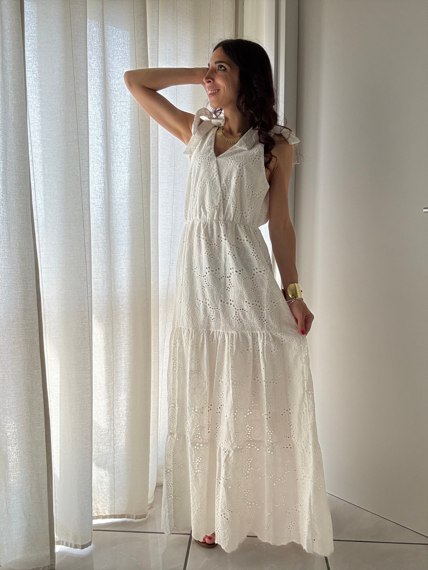 Abito Lungo Moda Mare Positano in Pizzo Sangallo β 100% Cotone β Taglia Unica (XS-XL)