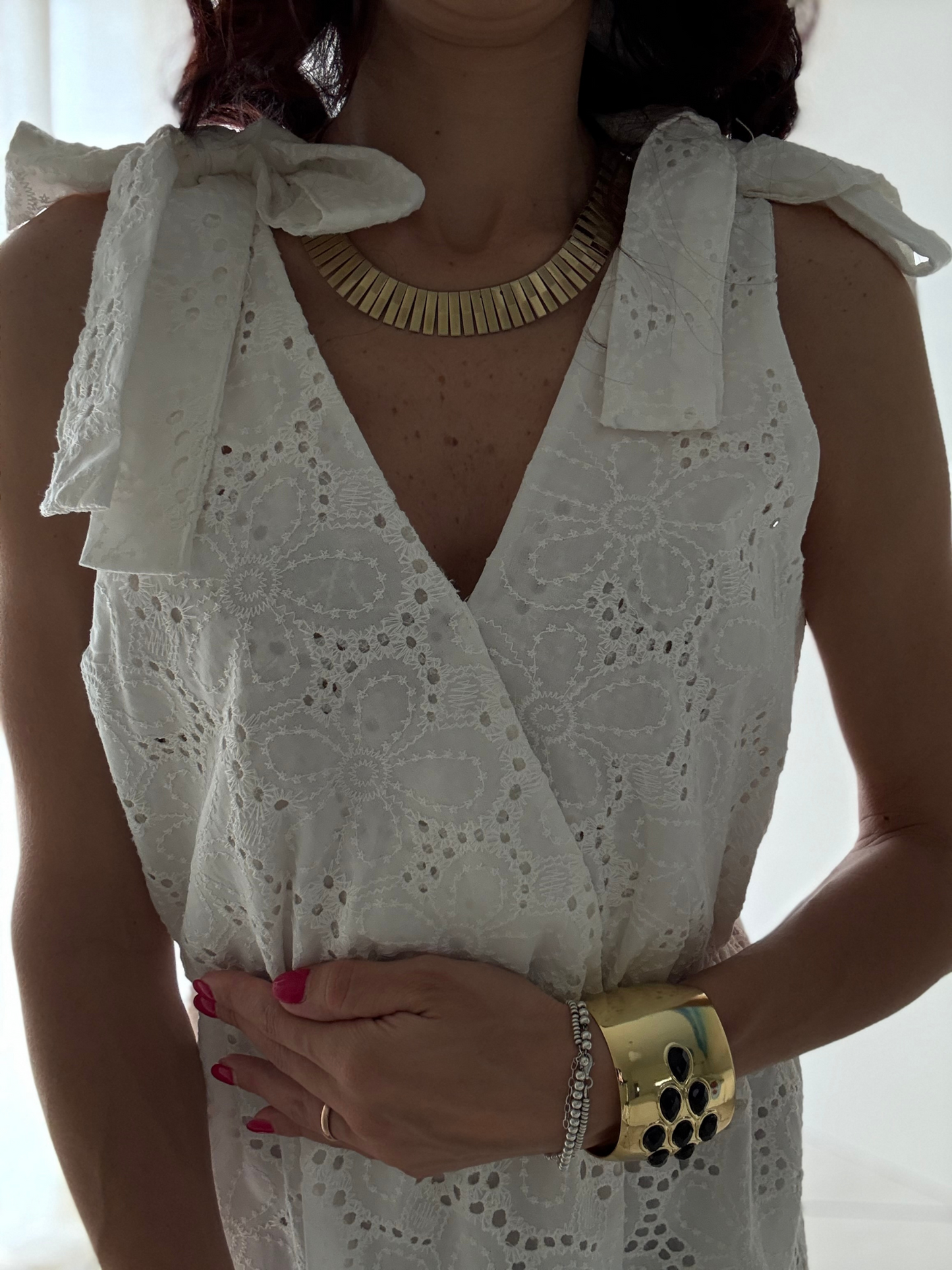 Abito Lungo Moda Mare Positano in Pizzo Sangallo β 100% Cotone β Taglia Unica (XS-XL)