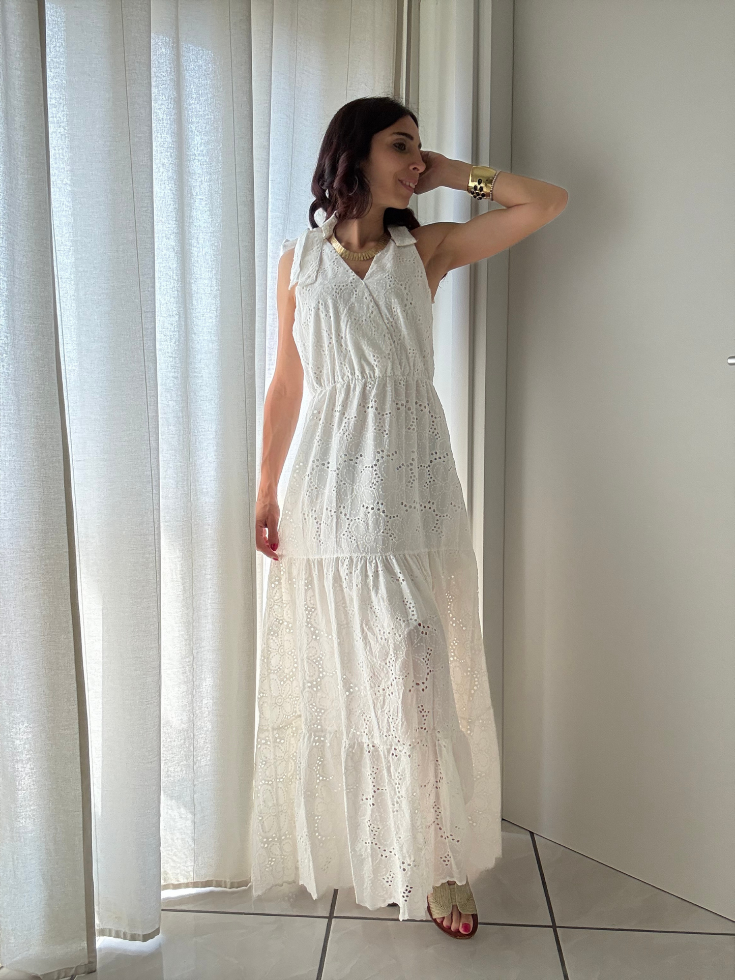 Abito Lungo Moda Mare Positano in Pizzo Sangallo β 100% Cotone β Taglia Unica (XS-XL)