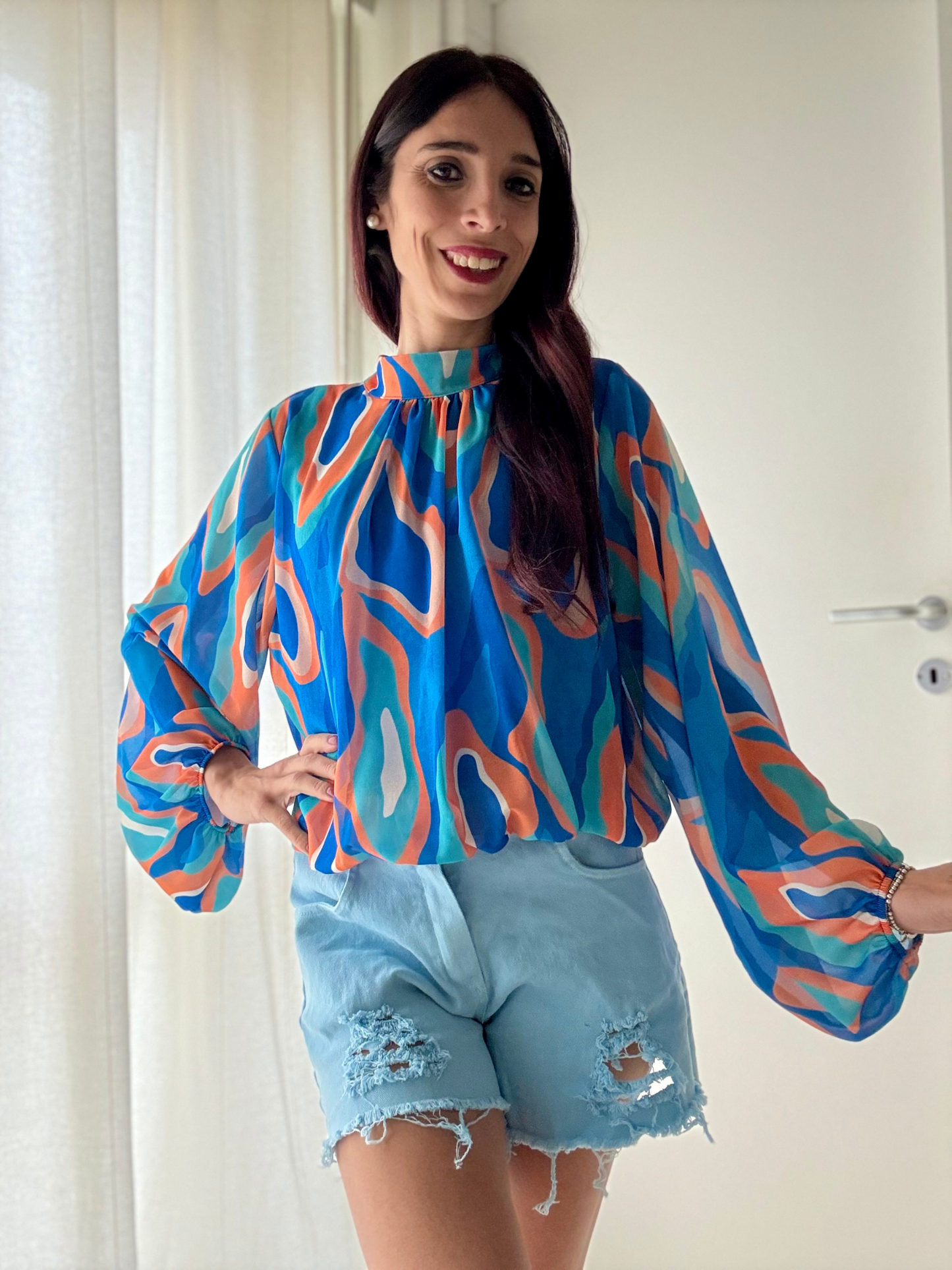 Camicia Manica Lunga Fantasia con Pistagnina e Elastico sul Fondo -