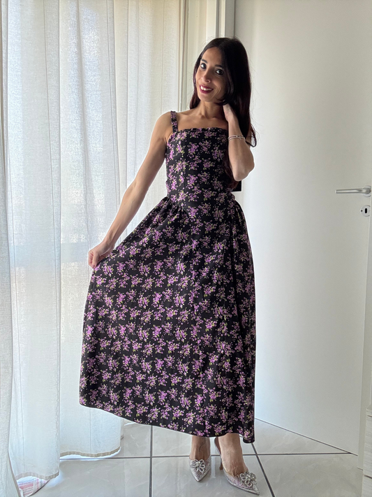 Abito Lungo Floreale con Fiocco sul Retro – Eleganza e Stile in Taglia Unica (XS-M)
