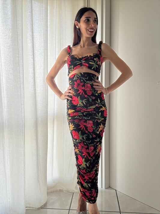 Coordinato Top con Coppe Imbottite e Gonna Longuette Elastico - Taglia Unica (XS-L)