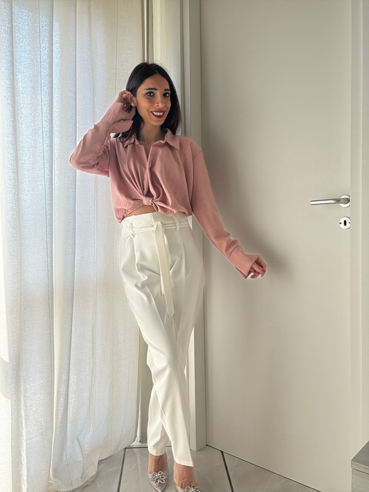 Pantalone Vita Alta Effetto Caramella con Cinturino in Vita - Donna