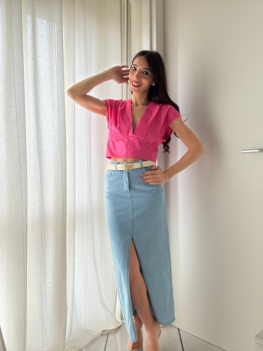 Maglia Giromanica Crop con Scollo e Fiocco sul Retro - Taglia Unica (XS-L)