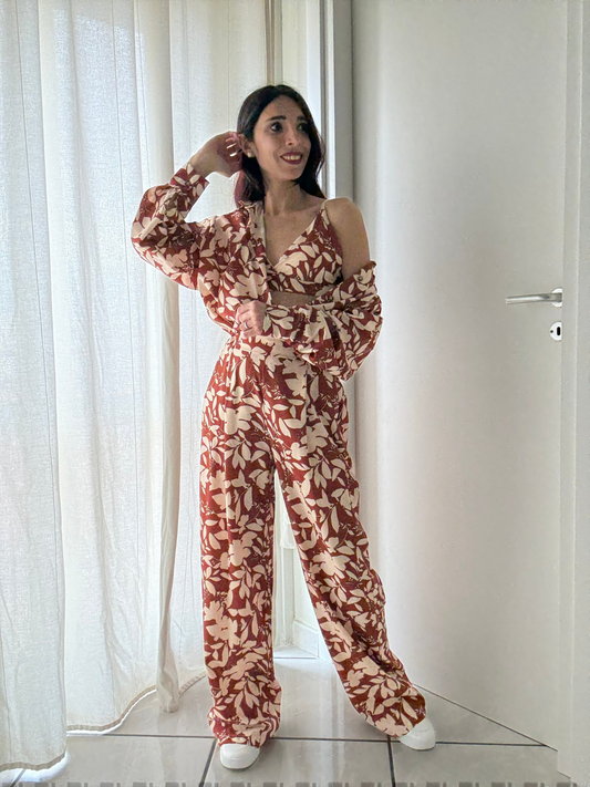 Coordinato 3 Pezzi Floreale - Top, Camicia e Pantalone con Elastico