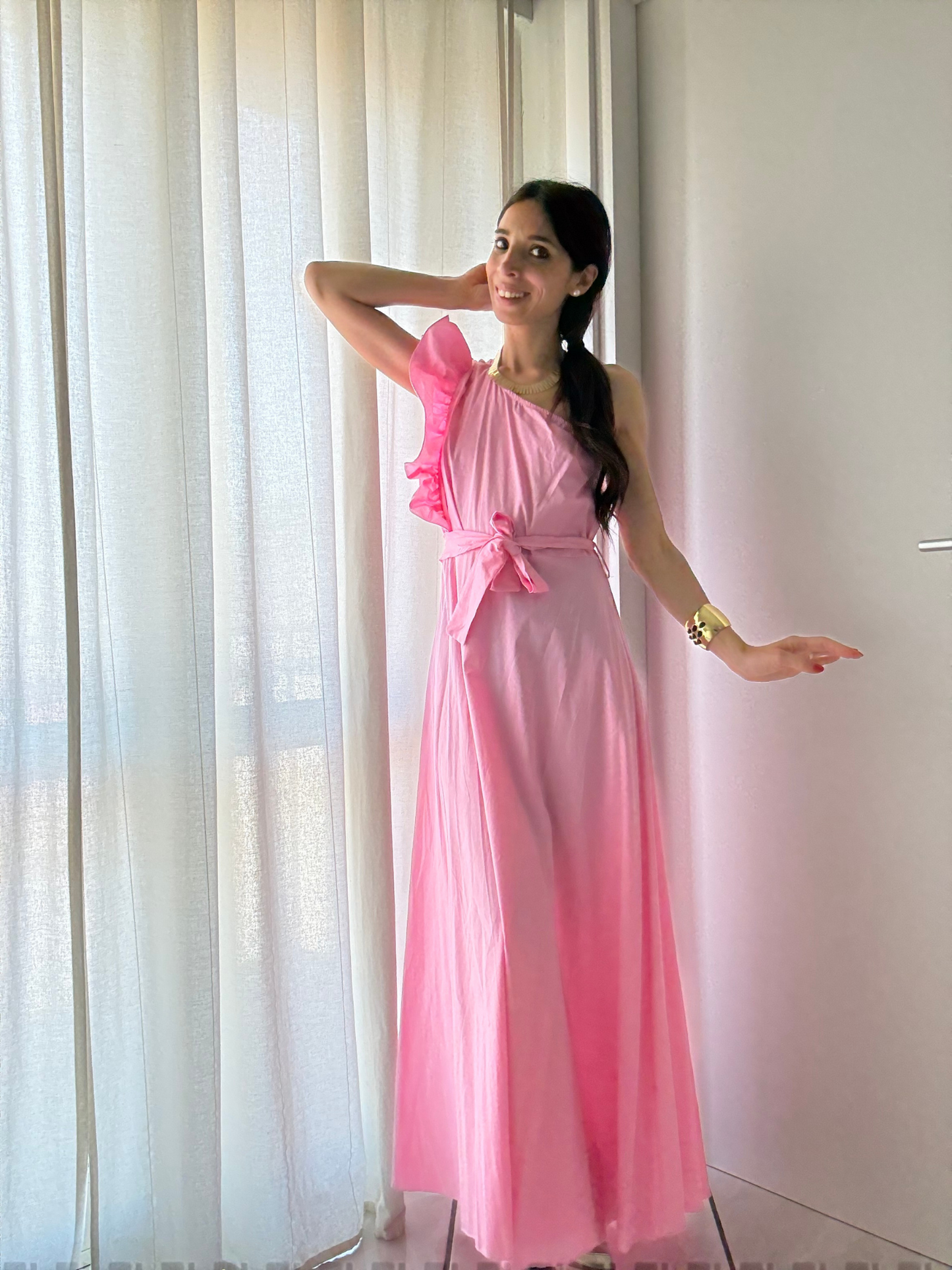 Abito Lungo Monospalla con Rouge e Fusciacca – Taglia Unica XS-XL | Eleganza Versatile in Cotone Stretch