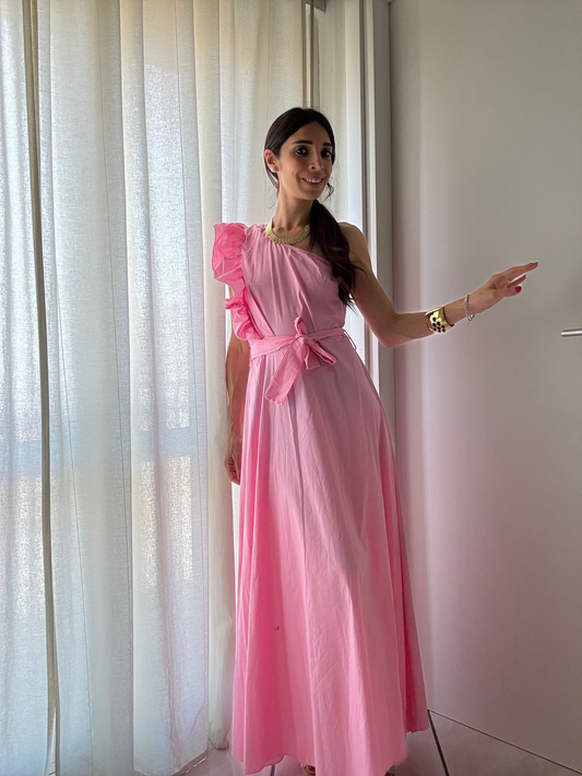 Abito Lungo Monospalla con Rouge e Fusciacca – Taglia Unica XS-XL | Eleganza Versatile in Cotone Stretch